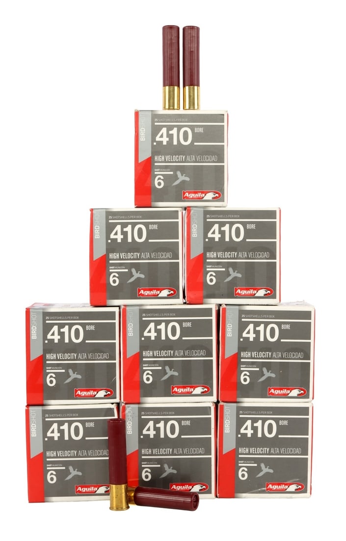 225 ROUNDS .410 GAUGE AGUILA BIRDSHOT AMMO: Lot includes: NINE (9) Boxes of 25ct Aguila .410 Gauge Shotshells. 2 1/2 length. 1100 velocity. 1/2 oz load. 6 shot size. No international shipping. Factory new. In box.