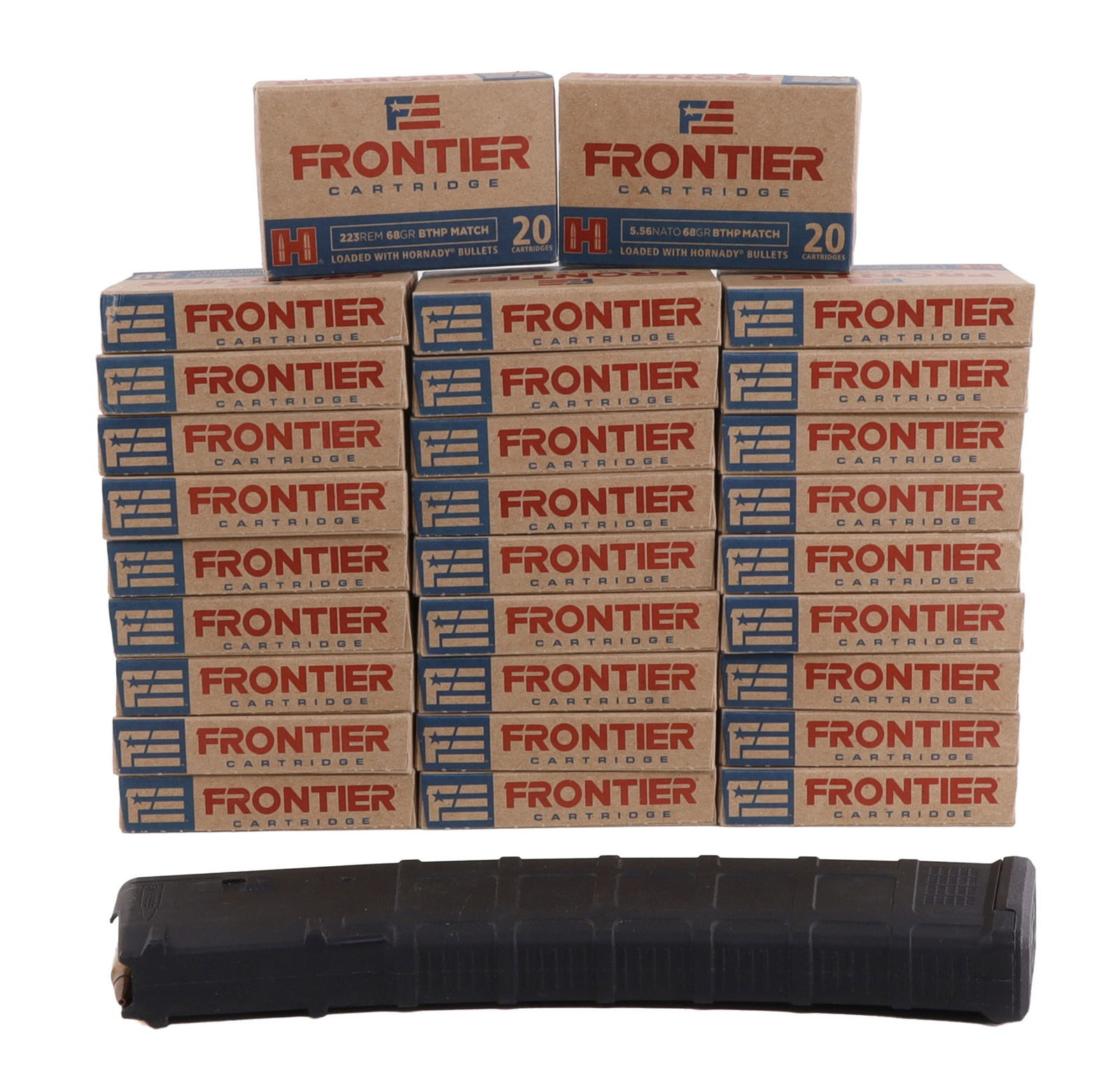 480+ ROUNDS HORNADY 223 REM 5.56 NATO AMMO LOT: Lot includes: 18 Boxes of 20ct Hornady Frontier 223REM 68gr Boat Tail- Hollow Point Rifle Cartridges. 11 Boxes of 20ct Hornady Frontier 5.56 Nato 68gr Boat Tail Hollow Point Cartridges. Additionally i