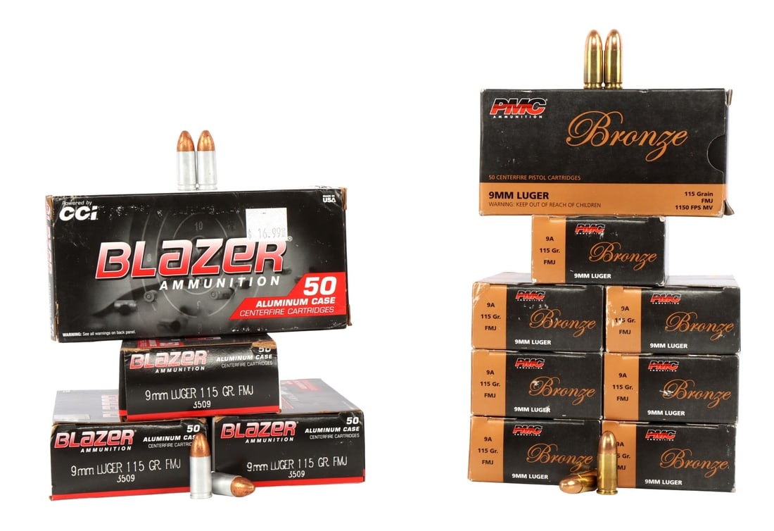 600 ROUNDS 9MM LUGER 115GR AMMO PMC & CCI: Lot of 600 rounds factory new PMC Bronze 115 grain FMJ and CCI Blazer 115gr FMJ. No international shipping. This lot has a reserve.