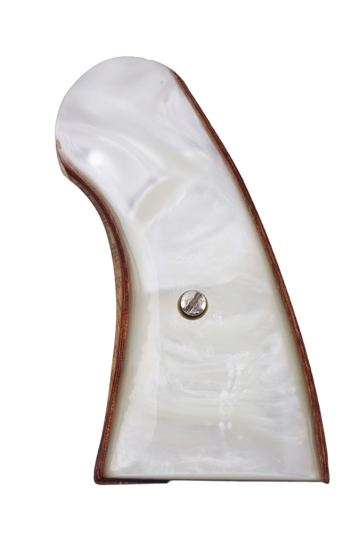 COLT NEW SERVICE JAY SCOTT SMOOTH PEARL GRIPS NOS: New old stock Jay Scott grips for the Colt New Service .45 double-action revolver. As-new condition.