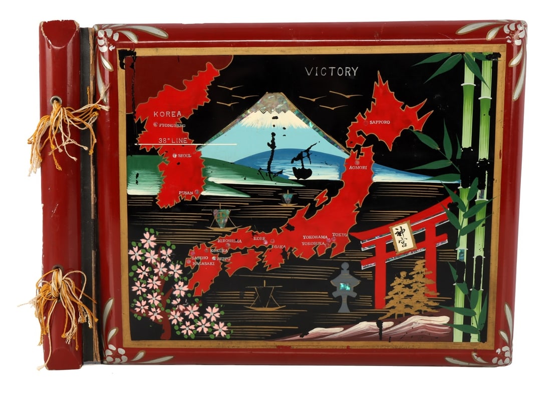 WWII VICTORY JAPANESE LACQUER PHOTO ALBUM: Lacquer album, Victory souvenir of Japan. Map of Japan with major cities and Korea 38th parallel. 14.5 X 10.5 inches. Very good condition.