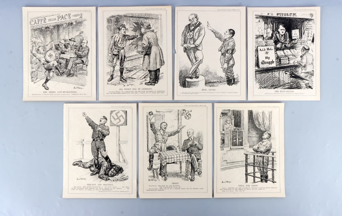 WWII GERMAN BRITISH PROPAGANDA CARTOONS LOT OF 7: Seven editorial cartoons from the British editorial, Punch, also featuring German Chancellor Adolf Hitler. These cartoons are all from the pre-war years, and give a good grasp of British popular recep