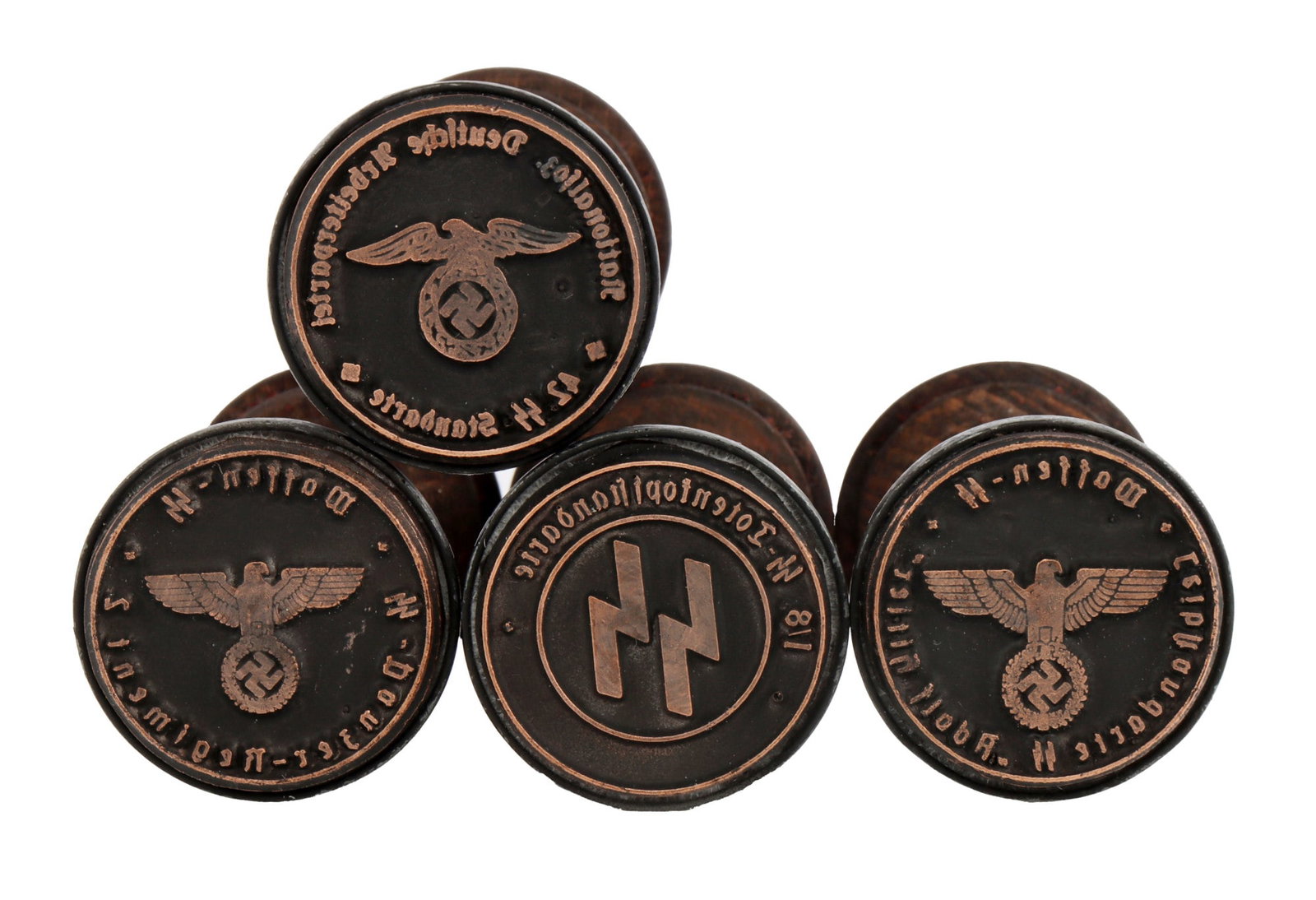 WWII GERMAN REICH WAFFEN-SS REGIMENTAL HAND STAMPS: Four hand stamps for the Waffen-SS. 1) Leibstandarte. 2) Panzer-regiment. 3) Totenkopf. 4) SS Standarte. Unauthenticated, sold as is.