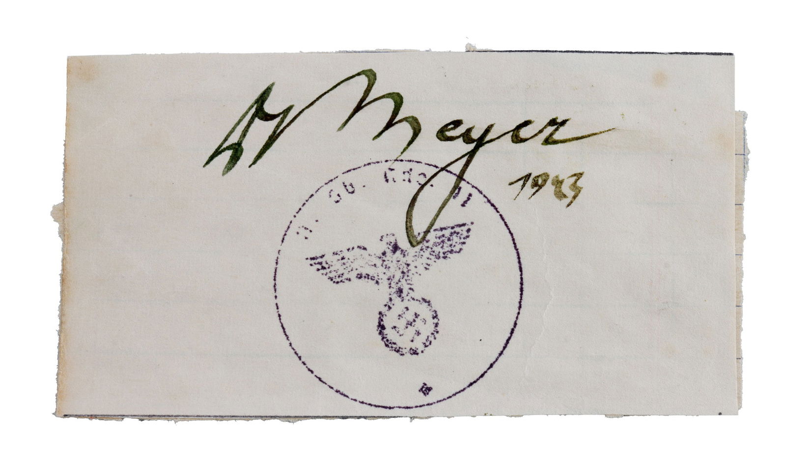 WWII GERMAN THIRD REICH CUT SIGNATURE PANZER MAYER: A cut signature of SS general Kurt 'Panzer' Mayer. This cut signature has been separated from a pasted mounting in an autograph book. Good condition,.
