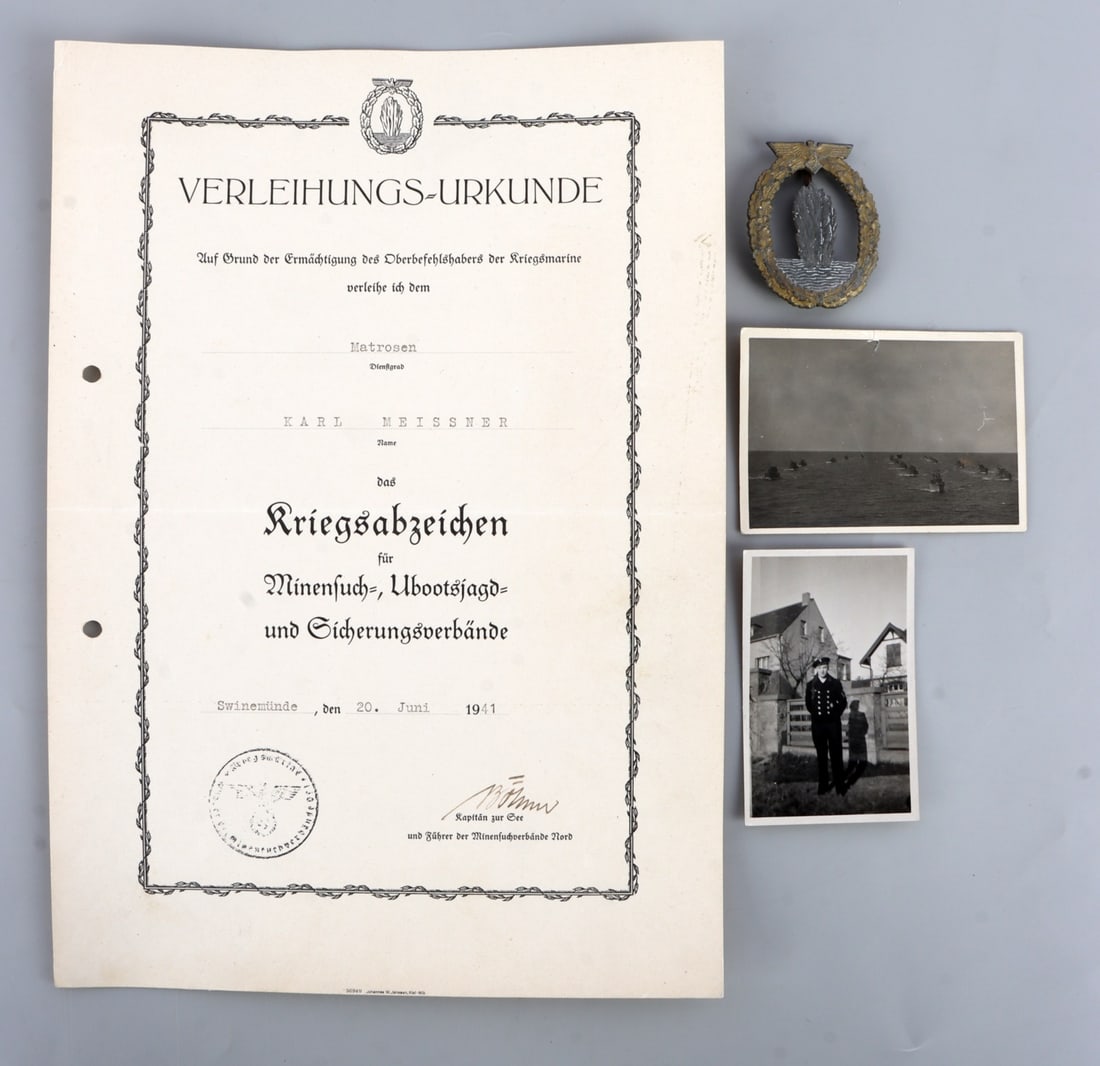 KRIEGSMARINE NAMED MINESWEEPER WAR BADGE & CERT. (1 of 8)