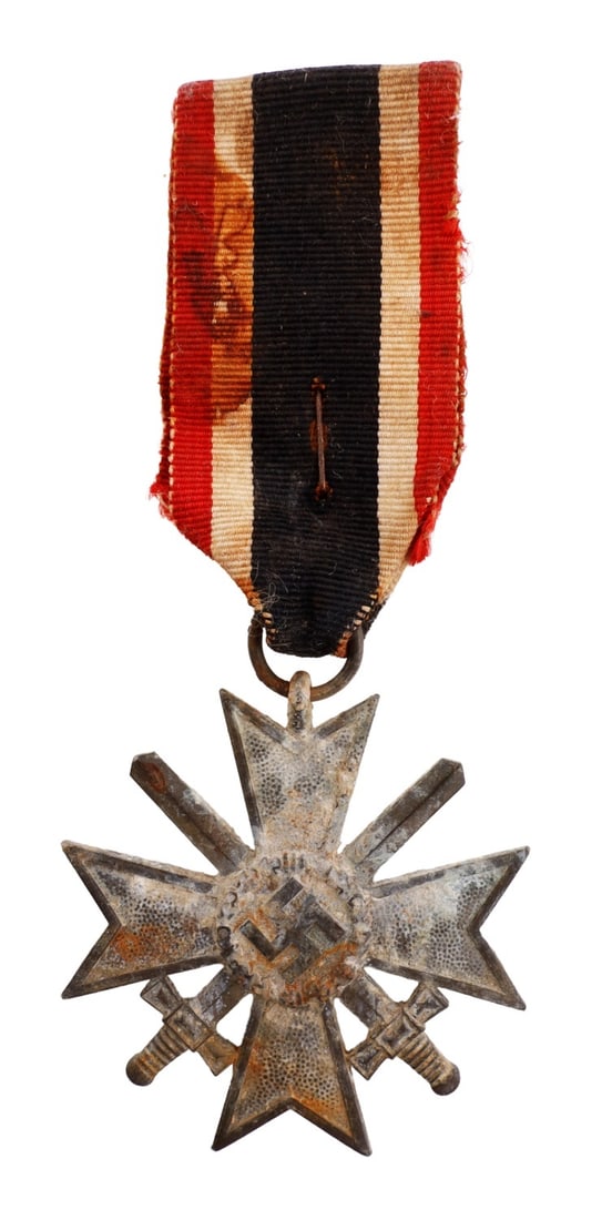 WWII GERMAN THIRD REICH WAR MERIT CLASS 2ND CLASS: A War Merit cross with crossed swords and intact ribbon. A Maltese cross with a swastika and crossed swords. Unmarked. Ribbon non-fluorescing. Very good, original condition.