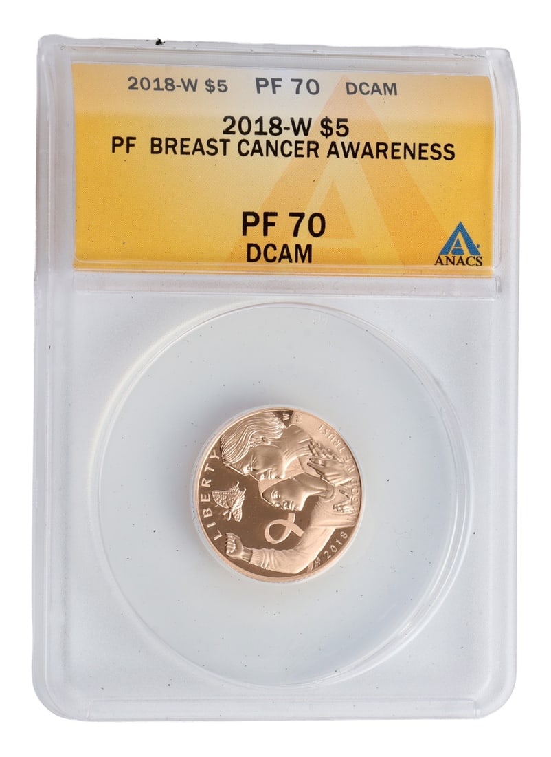 2018 BREAST CANCER AWARENESS ANACS $5 GOLD PROOF: PF 70 DCAM. 2018 Breast cancer awareness coin. 85% gold. $5 face value. ANACS Graded. This lot has a reserve.