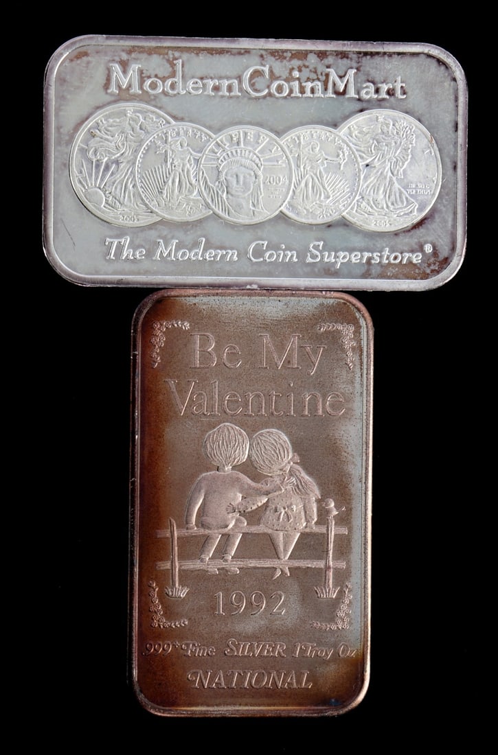 TWO 1 OZT .999 SILVER BULLION BAR MIXED DESIGN (1 of 6)