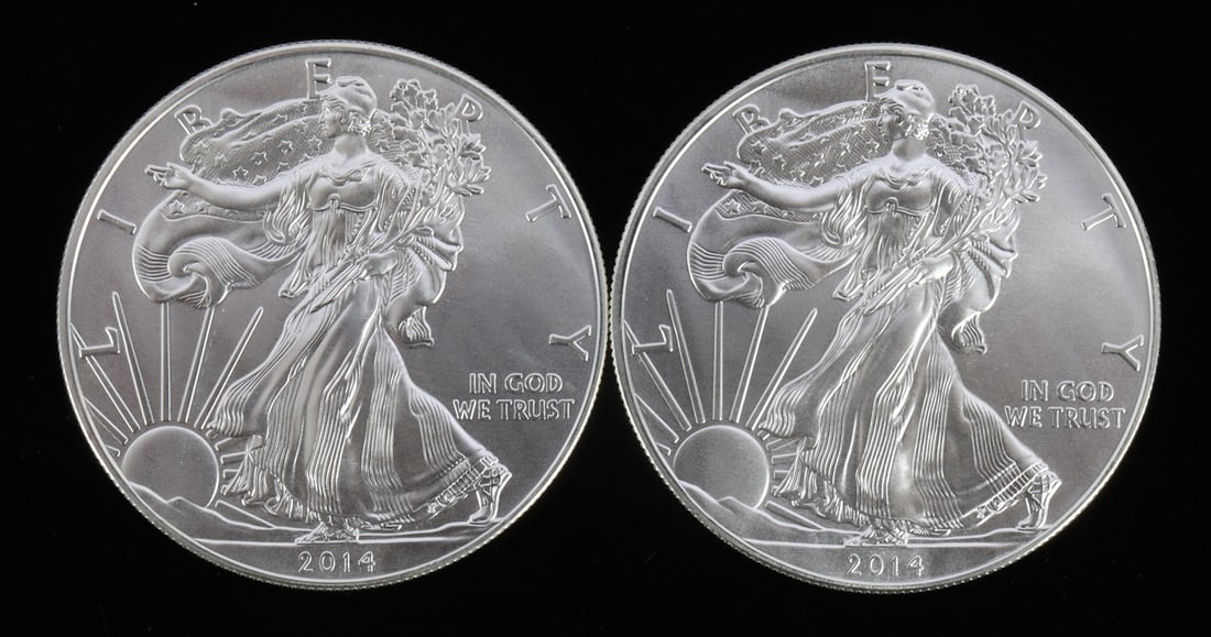 2 ONE TROY OUNCE .999 SILVER EAGLE 2014: .999 fine silver. Mint state. Brilliant uncirculated. Two coins total. This lot has a reserve.