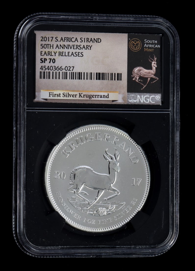 1 OZT .999 SILVER KRUGERRAND NGC SP 70: A .999 silver Krugerrand, 50th anniversary early release. NGC graded at SP70. This lot has a reserve.