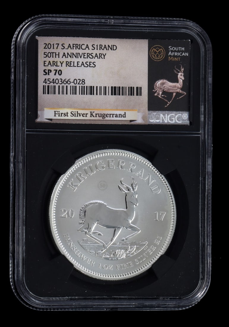 1 OZT .999 SILVER KRUGERRAND NGC SP 70: A .999 silver Krugerrand, 50th anniversary early release. NGC graded at SP70. This lot has a reserve.