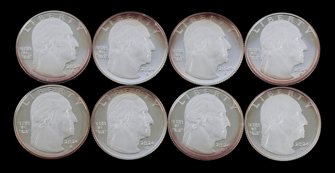 8 .999 FINE SILVER PROOF WASHINGTON QUARTERS 2024: EIGHT (8) Washington quarters. .999 fine silver. 2024. Patsy Takemoto Mink. Celia Cruz This lot has a reserve.