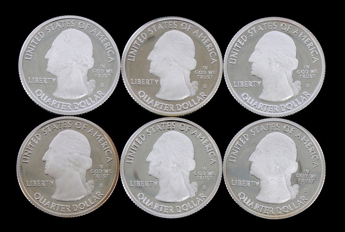 6 .999 SILVER PROOF WASHINGTON QUARTERS 2018 2019: SIX (6) Washington quarters. .999 fine silver. Voyageurs Minnesota, American Memorial Park, Lowell Massachusetts, San Antonio Missions Texas, War in the Pacific Guam, River of No Return Idaho. This lo