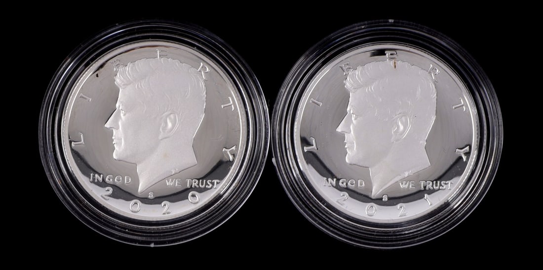 2 PROOF 90% SILVER KENNEDY HALF DOLLARS 2020 2021 (1 of 2)