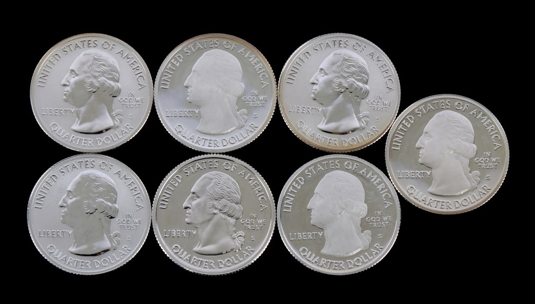 7 90% SILVER PROOF WASHINGTON QUARTERS 2018 2001: SEVEN (7) Washington quarters. 90% silver. 2018. Pictured Rocks Michigan, Block Island Rhode Island, Apostle Island Wisconsin, Rhode Island. This lot has a reserve.