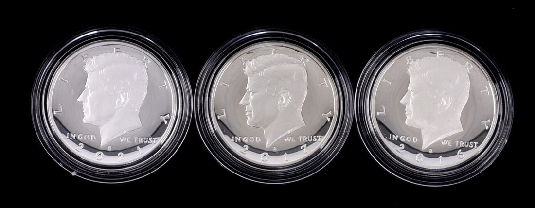 THREE PROOF 90% SILVER KENNEDY HALF DOLLARS (1 of 2)