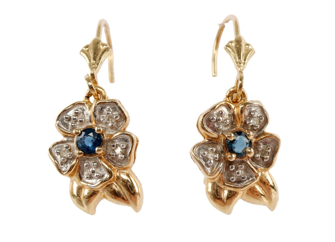 PAIR OF 14K GOLD HIBISCUS FLOWER EARRINGS 583: 14K gold hibiscus flower earrings with a blue tourmaline stone. Stamped and tested 14K. 3.625 grams. Approx. 3/4 of an inch in length. This lot has a reserve.