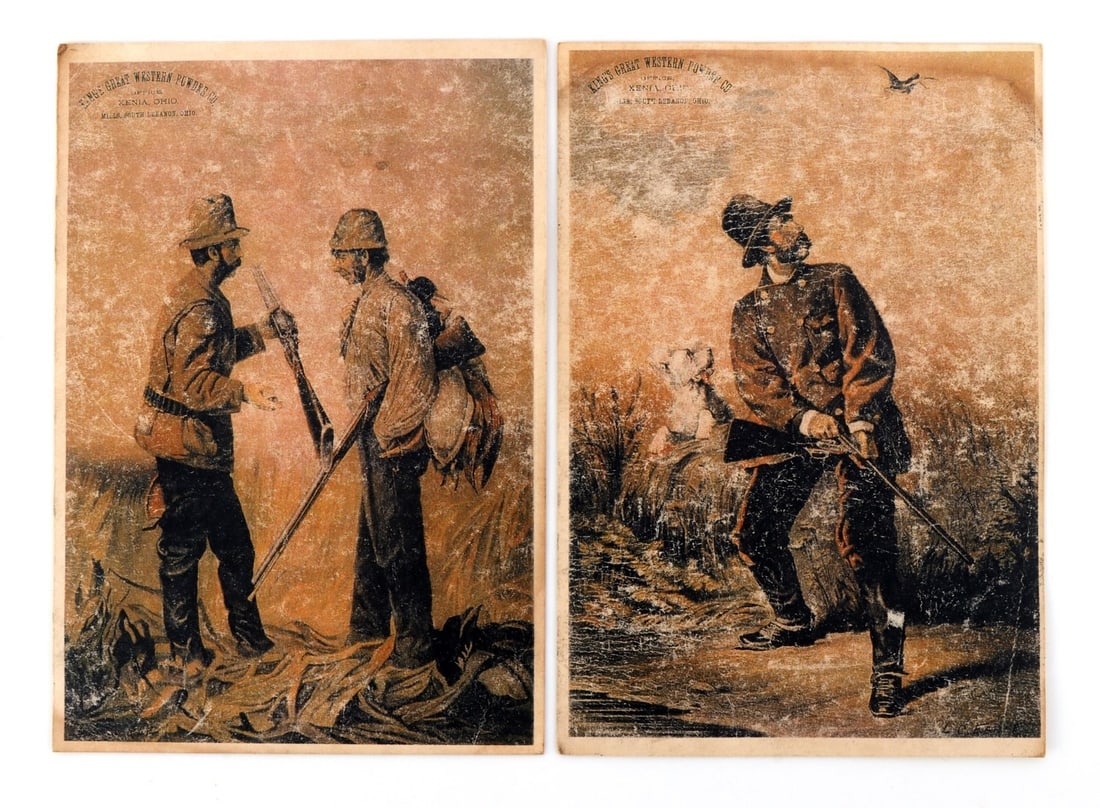 KING'S GREAT WESTERN POWDER CO. LITHO TRADE CARDS: Lot of two (2) 19th c. lithograph trade cards. Each 5.5 x 8 inches. Fair condition.