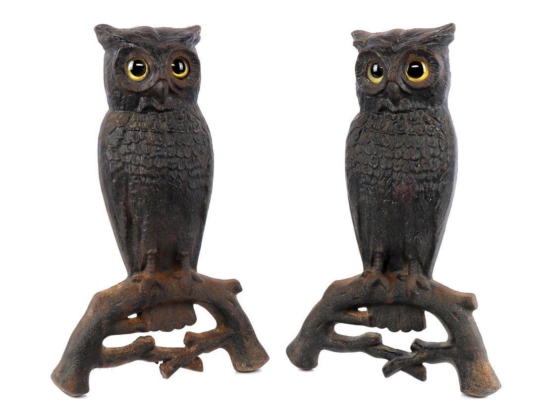 OWL VINTAGE CAST IRON ANDIRONS GLASS EYE 3000 2 (1 of 7)