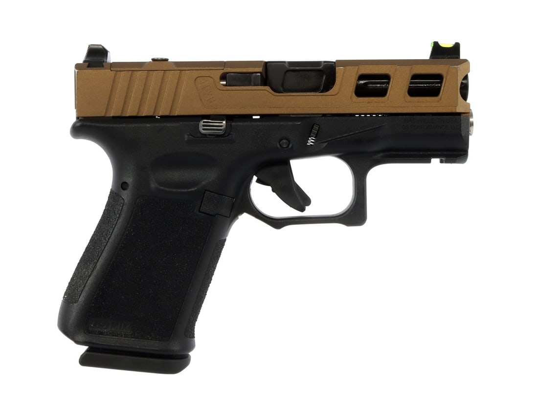 GS PERFORMANCE M1X OPTIC READY 9MM G26 PISTOL: Custom Glock 26 pattern optic ready semi-automatic pistol. GS Performance M1X polymer frame, Live Free Armory LF26 Elite Series slide with RMR optic cut and Burnt Bronze Cerakote finish, Live Free Arm