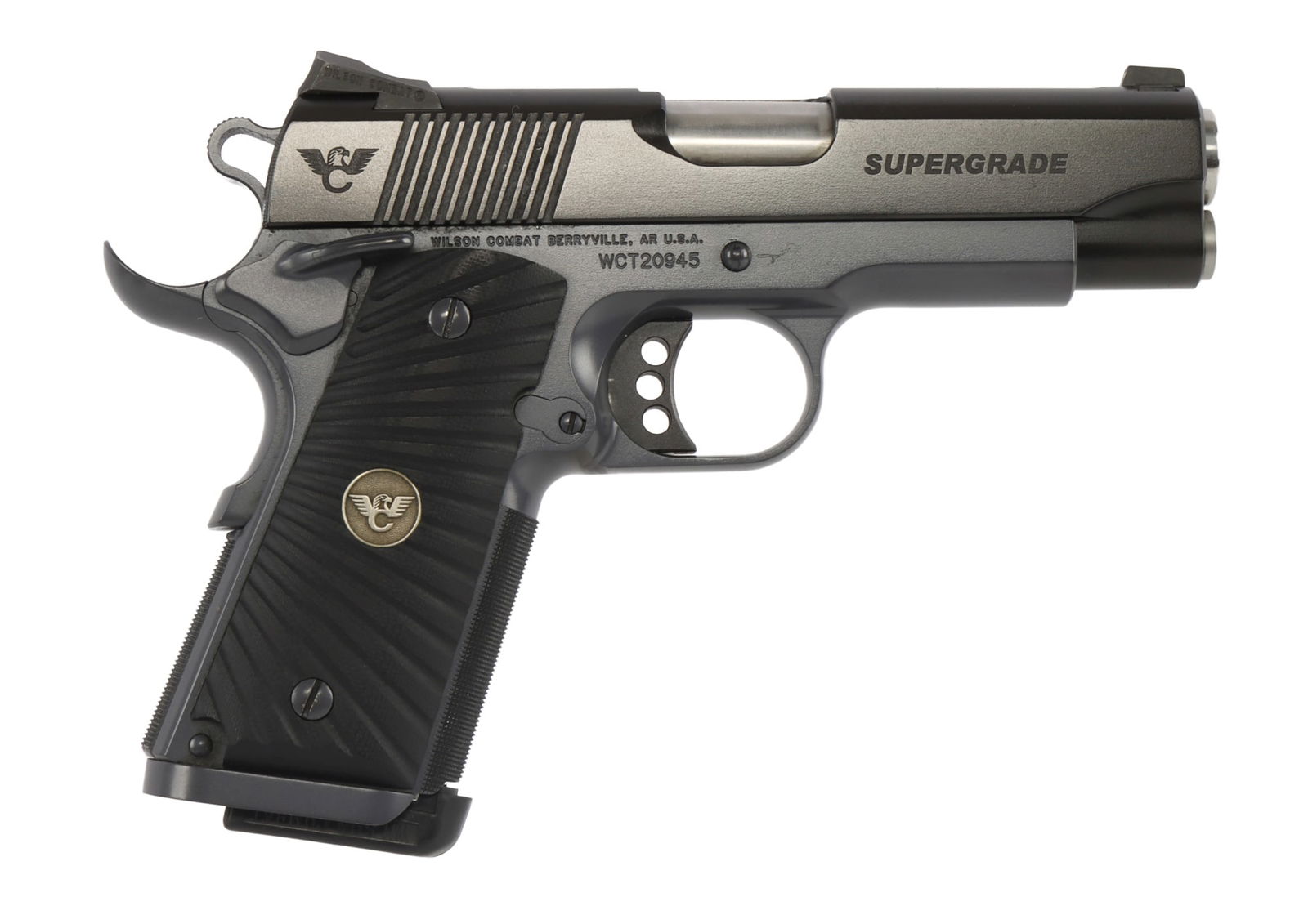 WILSON COMBAT TACTICAL SUPERGRADE COMPACT .45 ACP: Wilson Combat Tactical Supergrade Compact 1911 pattern semi-automatic pistol with eight (8) Wilson Combat magazines. Factory configuration with two-tone finish and 4-inch stainless steel barrel. Also