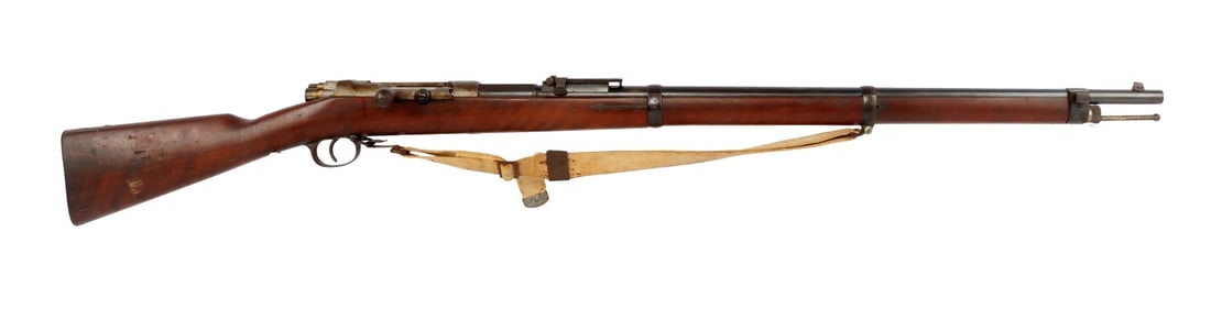SPANDAU MAUSER MODEL 71/84 ALL MATCHING 1888 RIFLE: Mauser Model 71/84 bolt-action repeating rifle with carry sling. Barrel length 31.6 inches. Matching serial numbers throughout. Receiver marked "I.G. Mod 71/84" and dated 1888. Receiver ring has crown