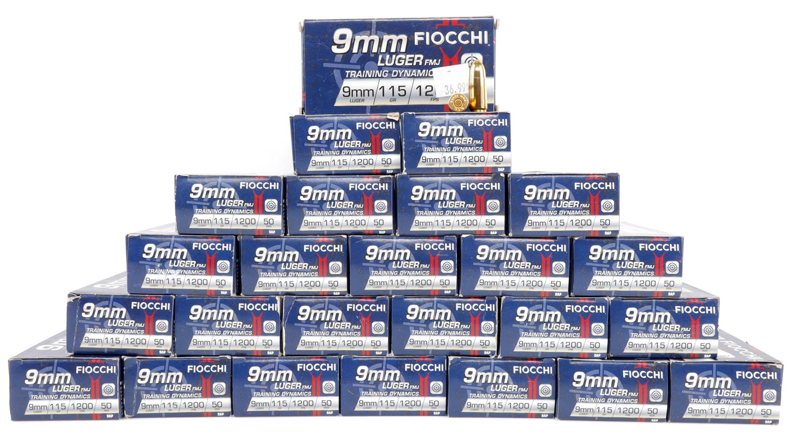 1250 ROUNDS 9MM 115GR FMJ FIOCCHI AMMO: Lot of 1250 rounds factory new 9mm Luger 115 grain FMJ pistol ammunition. No international shipping.