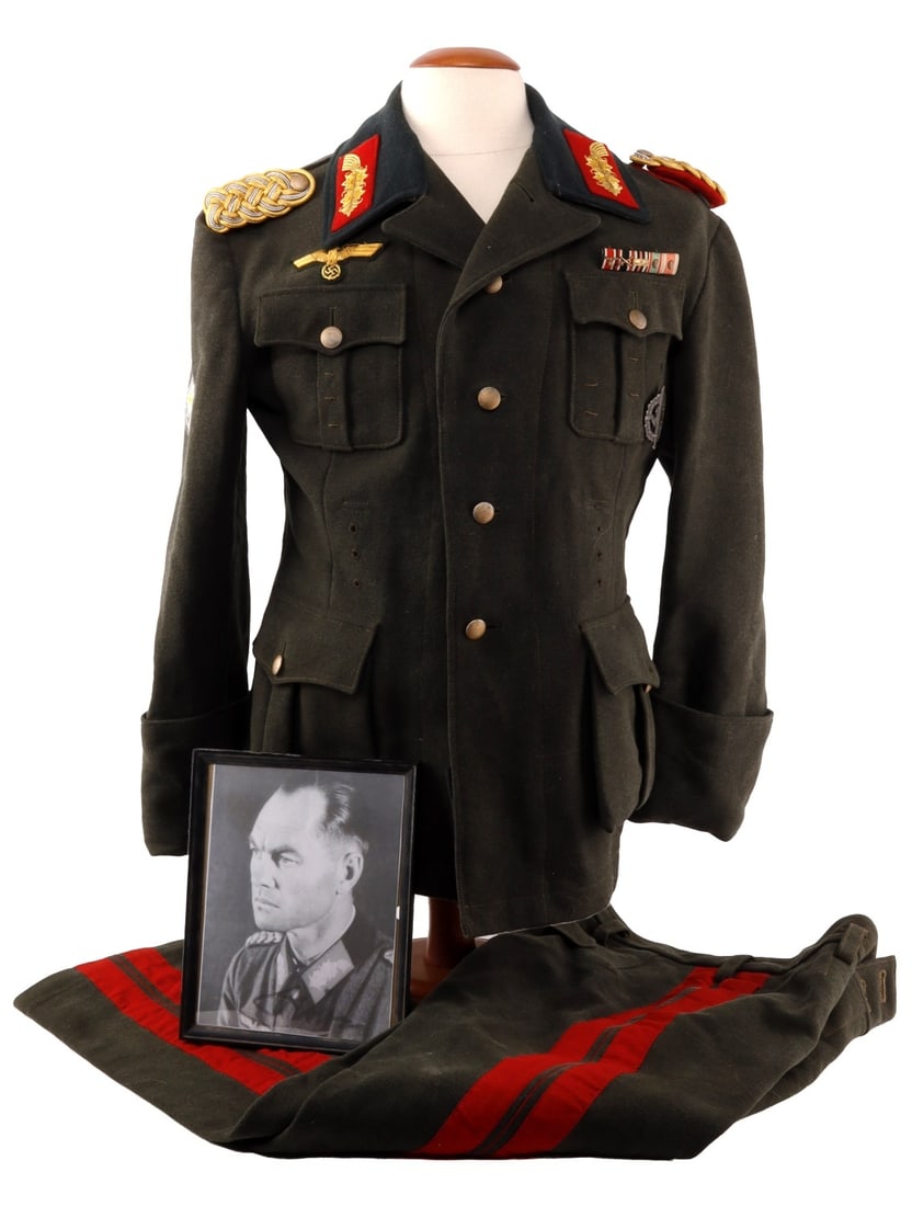 WWII GERMAN GENERAL HERMANN HOLTER UNIFORM: Tunic features gold bullion collar tabs, gold bullion shoulder boards, gold bullion breast eagle, edelweiss patch on right arm, 5 ribbon bar, SA sports badge, pebbled buttons from Assmann. Black silk