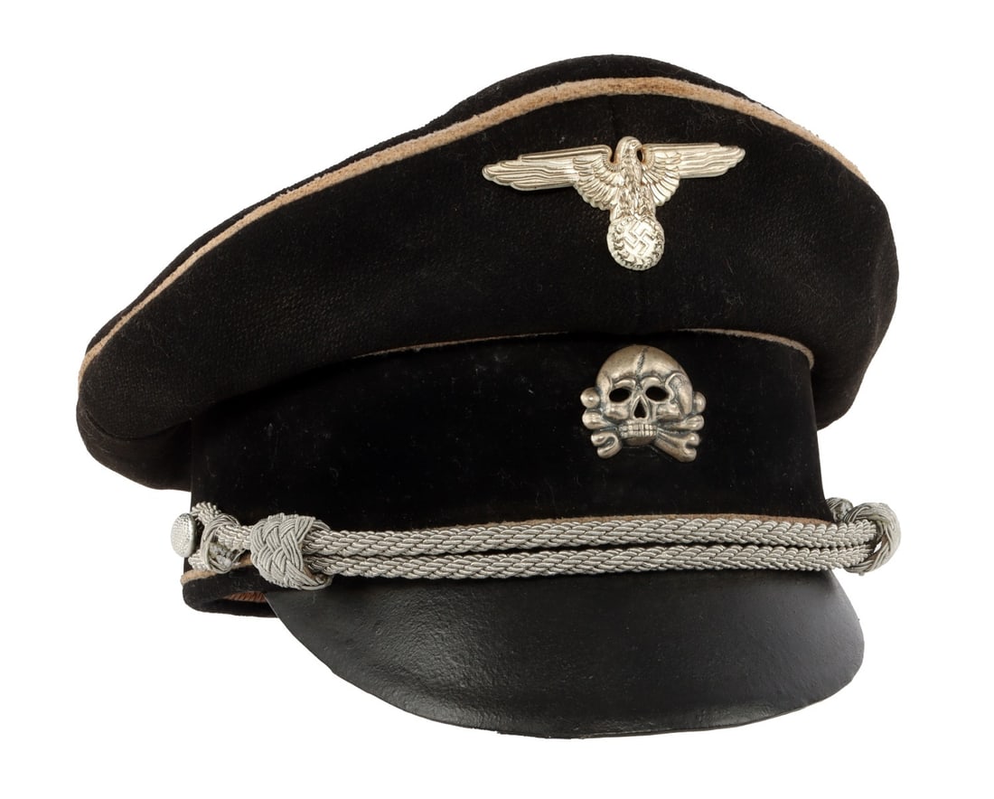 WWII GERMAN ALLGEMEINE SS VISOR W EDELWEISS BADGE: This item is a standard black wool SS officer's cap, characterized by its hard leather visor and high-quality construction. The interior is finished with a silk liner and a leather sweatband, featurin