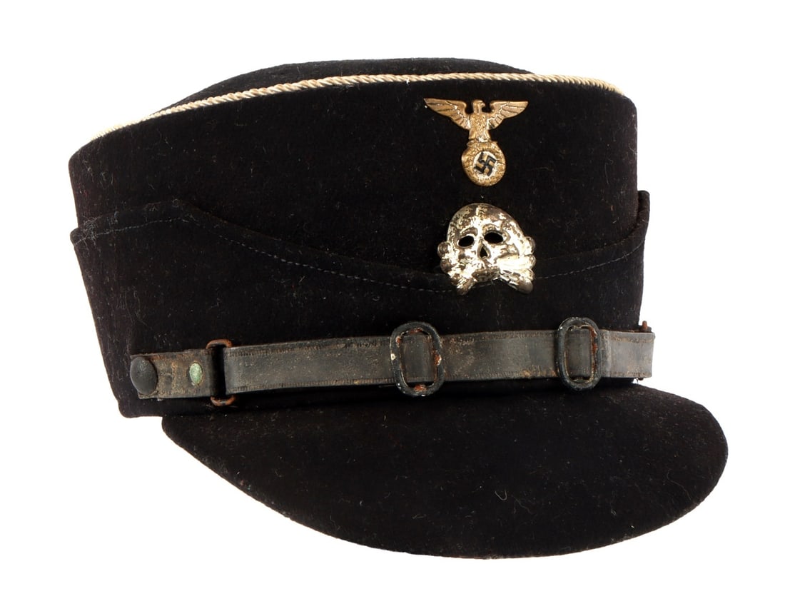 WWII GERMAN EARLY SS COFFEE CAN KEPI HAT NAMED: The specimen consists of a black wool visor cap (kepi style) associated with the SS-Hauptamt. The exterior is constructed from high-quality black wool, featuring silver-toned piping along the crown's