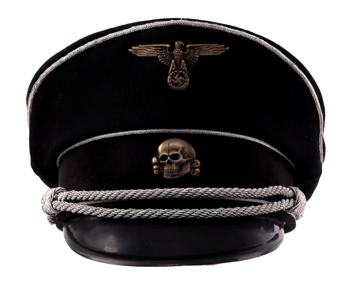 WWII GERMAN THIRD REICH ALLGEMEINE-SS VISOR CAP: A visor cap for the Allgemeine-SS of the German Third Reich. Wool and velvet construction, with bullion strap indicating a junior officer. While it is possible that the base cap is original to the Sec
