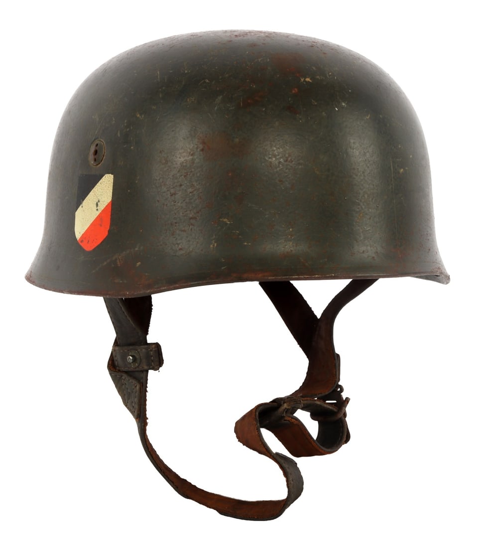 WWII GERMAN THIRD REICH FALLSCHIRMJAGER M38: Steel helmet, double decal, with leather liner. Typical style screws above decals. Interior features 7 foam inserts. It is stamped ET71 and 4328. Leather liner ink stamped Kopjweite Gr. 59 and Stalhha