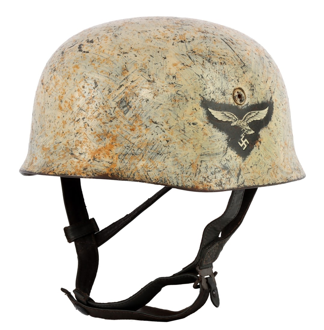 WWII GERMAN THIRD REICH FALLSCHIRMJAGER M38: Third Reich Luftwaffe Paratrooper Fallschirmjaeger helmet with snow camo. Single decal. Liner is marked Karl Heisler Berlin C2 DRGM, Kopfweite Gr 58 Stahlgaube Nr 71. Stamped ET71 and 7304.