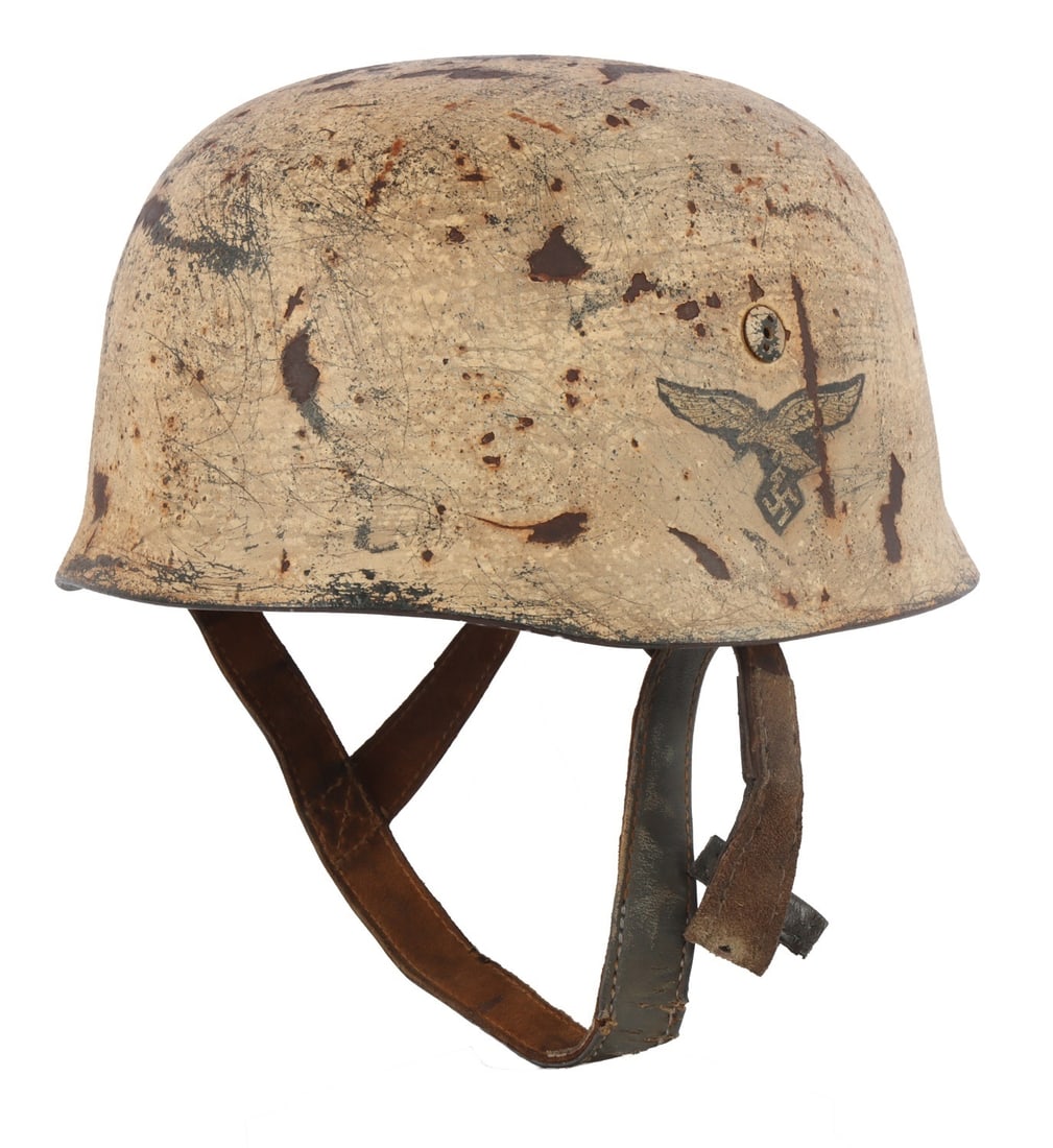 WWII GERMAN THIRD REICH FALLSCHIRMJAGER M38 DAK: German Third Reich Luftwaffe Paratrooper Fallschirmjaeger helmet painted tropical camouflage. Single decal. The Luftwaffe paratrooper helmets were made different than other branches of the service. Th