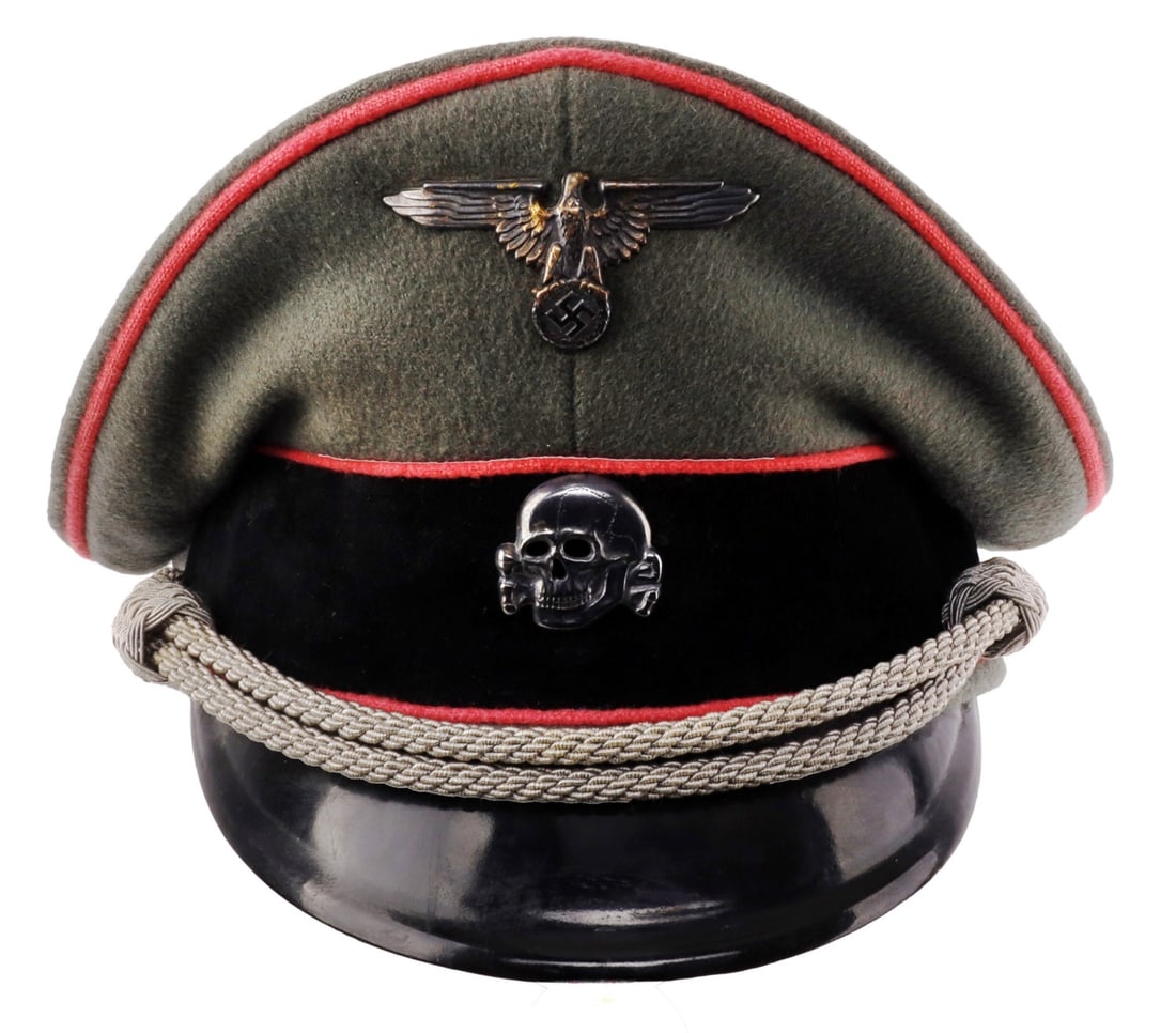 WWII GERMAN THIRD REICH SS OFFICER PANZER VISOR: A visor for the Waffen-SS of the German Third Reich, with pink waffenfarbe indicating a panzer officer. Silver bullion strap indicates a junior officer. Totenkopf and Reichsadler badges. Field gray cl