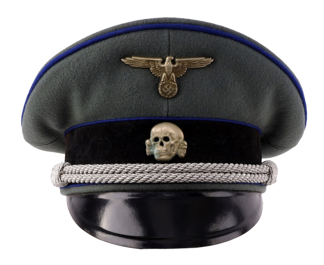 WWII GERMAN THIRD REICH WAFFEN-SS VISOR MEDICAL: A visor cap for the Waffen-SS of the German Third Reich. Field gray wool with black velvet band. Silver bullion strap indicating a junior officer. SS ink stamp under diamond sweat shield. Reichsadler