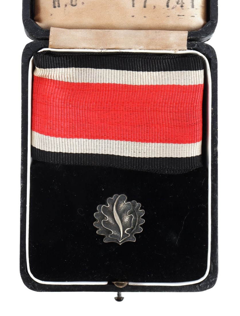 WWII GERMAN IRON CROSS OAK LEAVES FROM GODET: 900 silver construction with maker mark "21" for godet. It measures 3/4 inches. Comes with neck ribbon and LDO case.