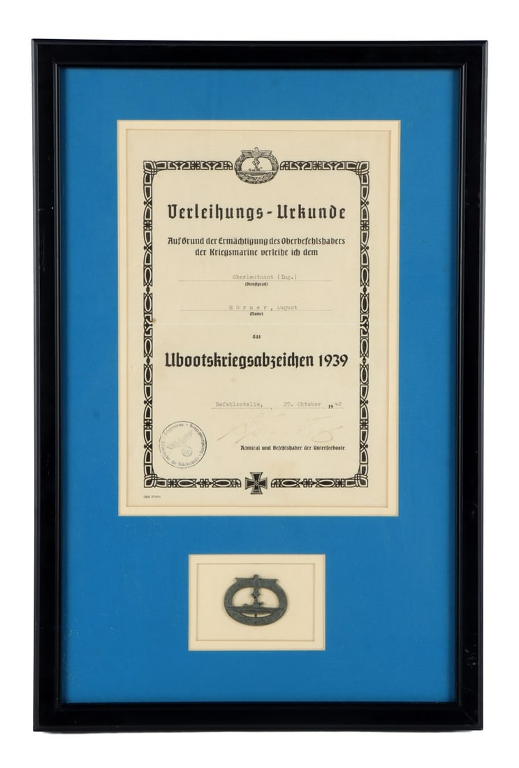WWII GERMAN REICH KRIEGSMARINE BADGE AND DOCUMENT: Awarded to First lieutenant Horner. Badge appears to be Zinc construction. Comes in frame measuring 20 1/4 X 13 1/4 inches.