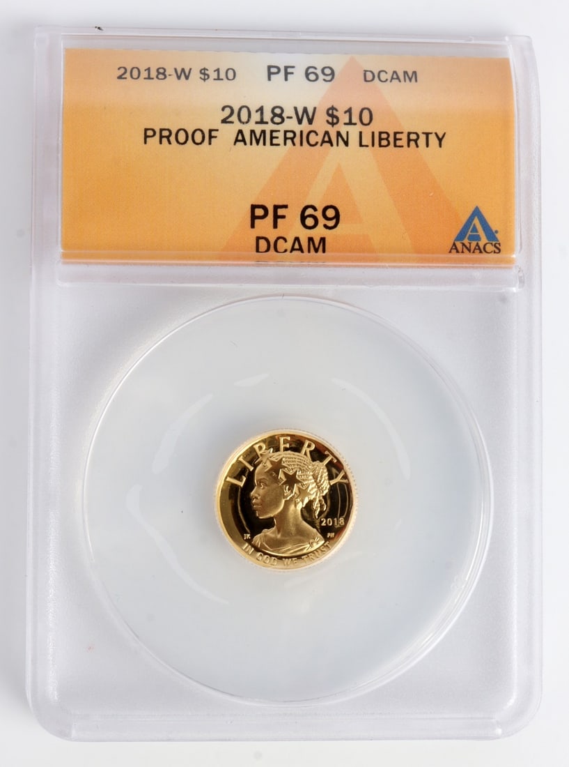 2018 1/10TH OUNCE .999 GOLD AMERICAN LIBERTY PF 69: Mint state. Graded PF 69. This lot reserved at melt.