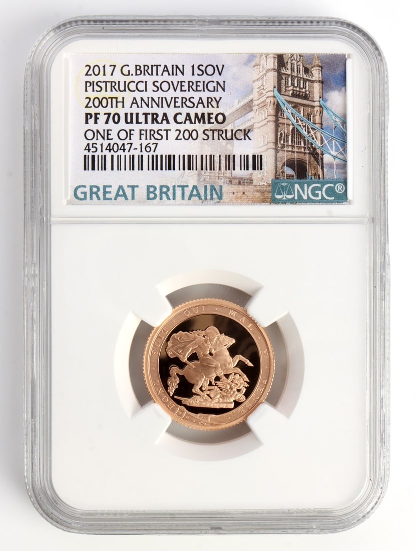 .916 GOLD SOVEREIGN 200TH ANNIVERSARY ULTRA CAMEO: A 7.98 gram .917 gold sovereign, commemorating the 200th anniversary of the Sovereign being first issued in 1817. This instance is NGC graded PF 70 with an ultra cameo, and is noted as one of the firs