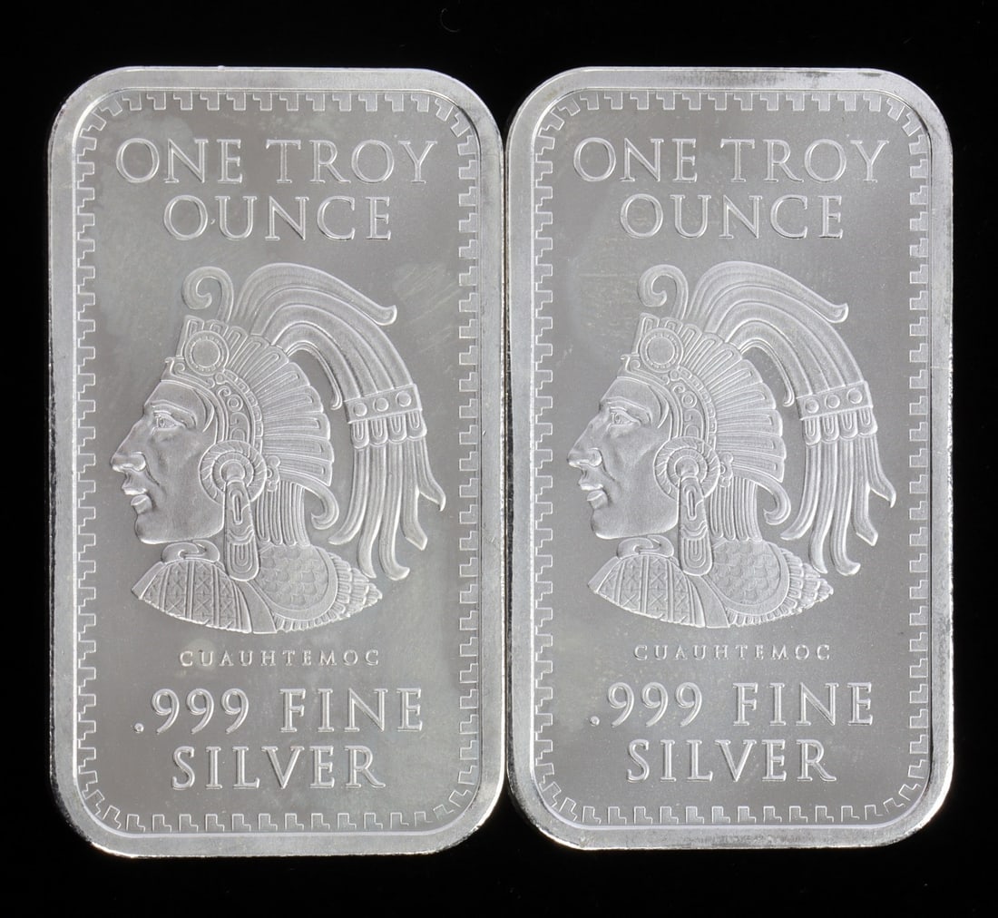 2 ONE TROY OUNCE .999 SILVER AZTEC BULLION BARS: .999 fine silver bars with Aztec design. This lot reserved at melt.