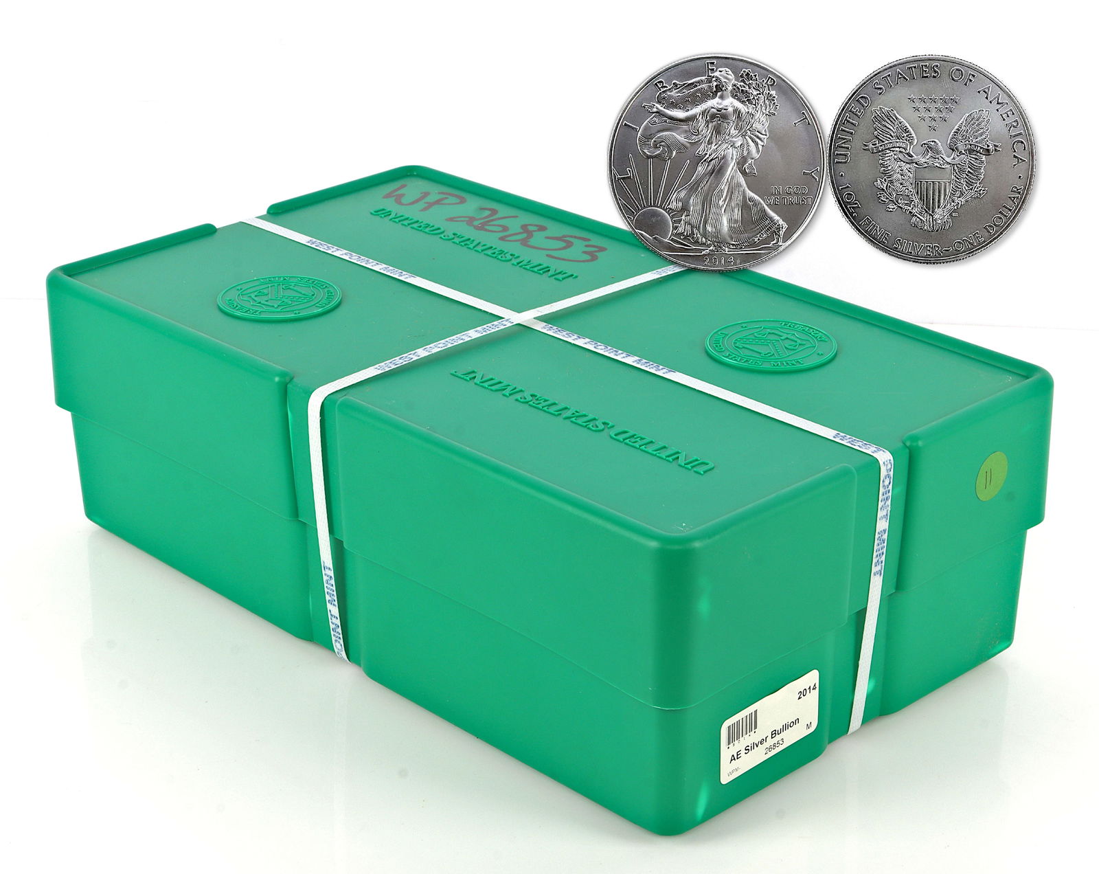 SEALED US MINT SILVER EAGLE MONSTER BOX: .999 Fine silver. 500 coins. One ounce each. All 2014. This lot reserved at melt.