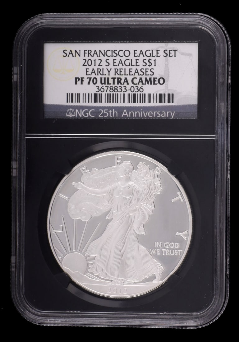 .999 1 OZT SILVER EAGLE PF70 EARLY RELEASE 2012: A 25th Anniversary silver eagle, one troy ounce of .999 fine silver. PF70. 2012. NGC graded and slabbed. This lot reserved at melt.