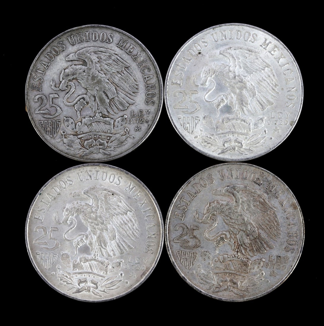 1968 OLYMPIC SILVER COMMEMORATIVE PESO LOT OF 4: Four 72% silver Mexico commemorative coins. This lot reserved at melt.