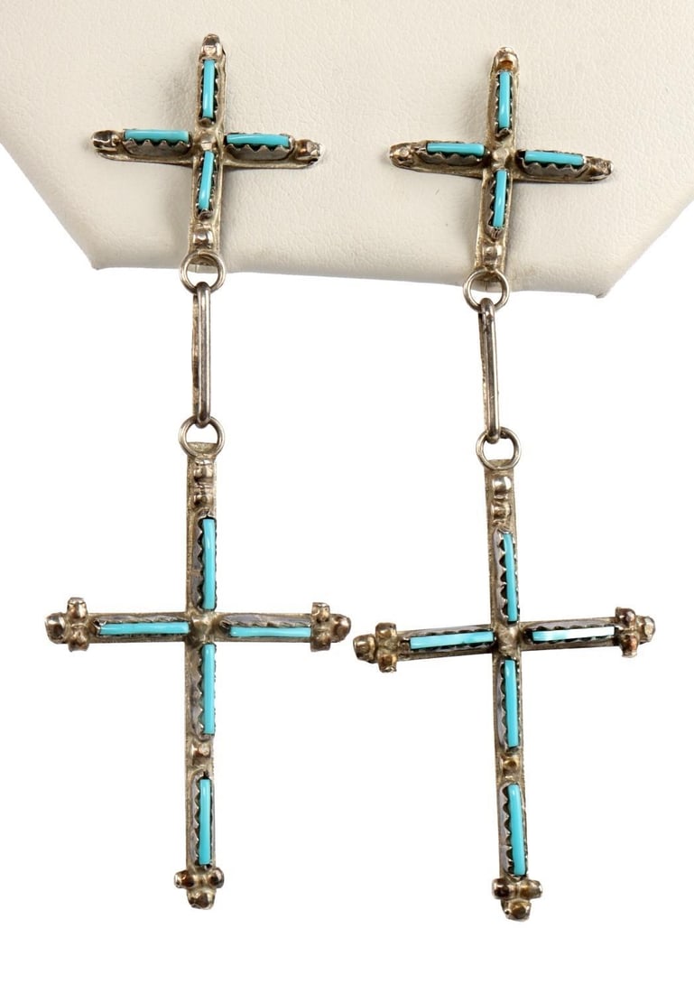 NATIVE AMERICAN SOUTHWEST ZUNI CROSS EARRINGS: Zuni needlepoint turquoise and silver cross earrings. 3 inch length. Very good, original condition. This lot has a reserve.