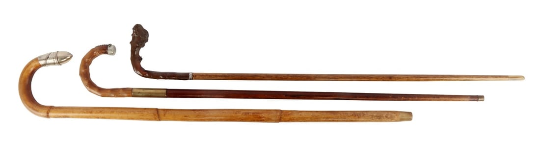 LOT OF 3 ANTIQUE WOODEN SILVER HORN CANES (1 of 12)