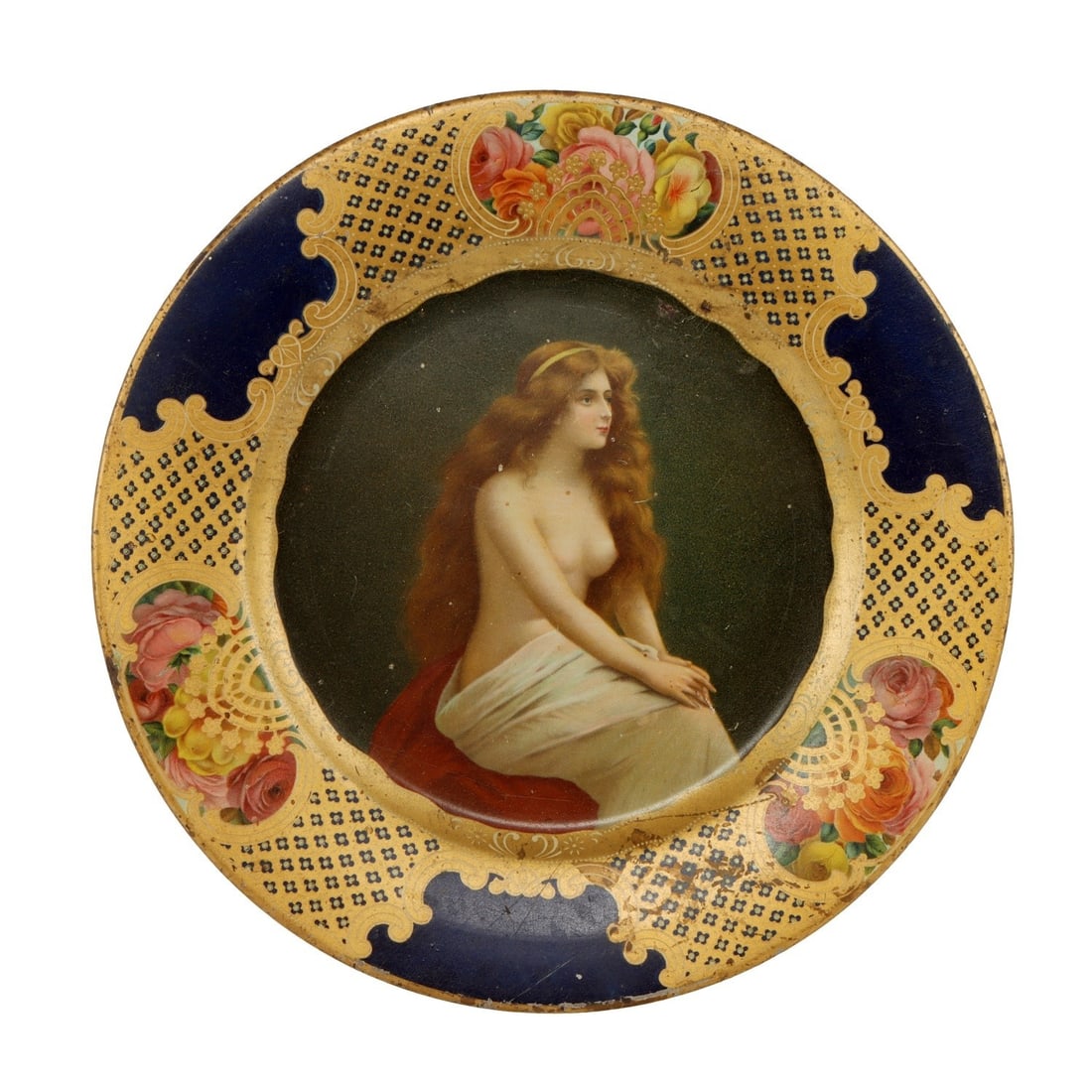 VIENNA ART PLATE DEPICTING A PARTIALLY NUDE WOMAN: A Vienna Art Plate, 1905. Back reads "Vienna Art Plagtes Pat Feb s1st 1905.' The D Beach Co. Hocton N.D. Compliments of American Sheet and Tin Plate Company, Pittsburgh. This plate made from our show