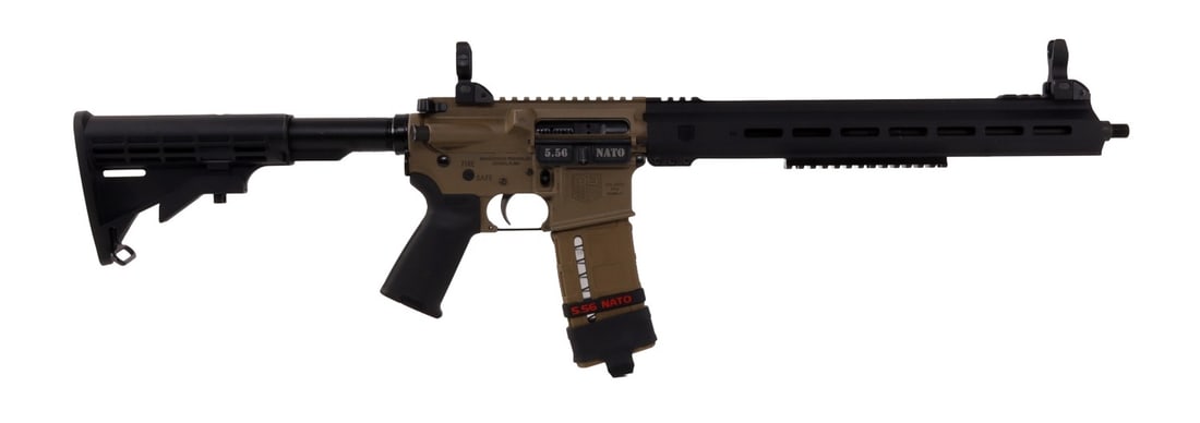 DIAMONDBACK DB-15 5.56X45MM SEMI AUTO AR-15 RIFLE: Custom Diamondback DB-15 semi-automatic AR-15 rifle. Barrel length 16.1 inches, threaded. Alloy flat-top receiver, full length MLOK hand guard, flip-up iron sights and adjustable stock. Includes one