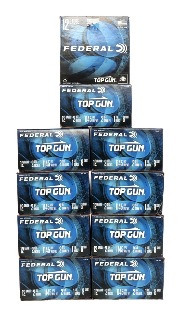 250 ROUNDS 12GA FEDERAL CLAY TARGET AMMUNITION: Lot of 10 boxes of 25ct. 250 rounds factory new Federal Top Gun shotgun shell cartridges. 2 3/4 inch, 1145 fps, 1 1/8oz. No international shipping. No international shipping.