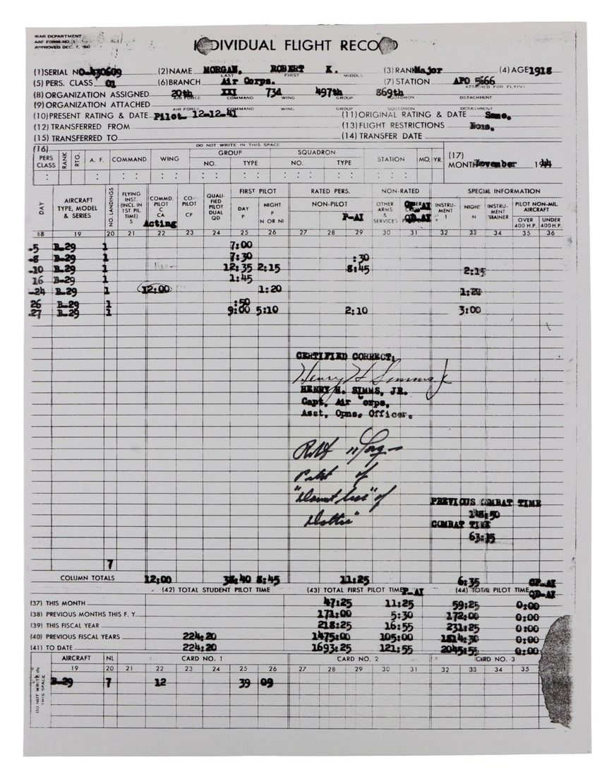 WWII ROBERT MORGAN PILOT SIGNED FLIGHT LOG (1 of 6)